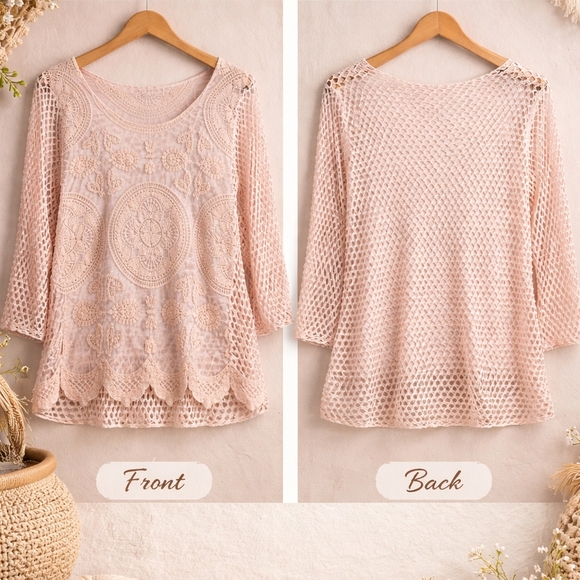 Un branded Tops - Blush Pink Lace Boho Top Long Sleeve Sheer Crochet Embroidered Blouse